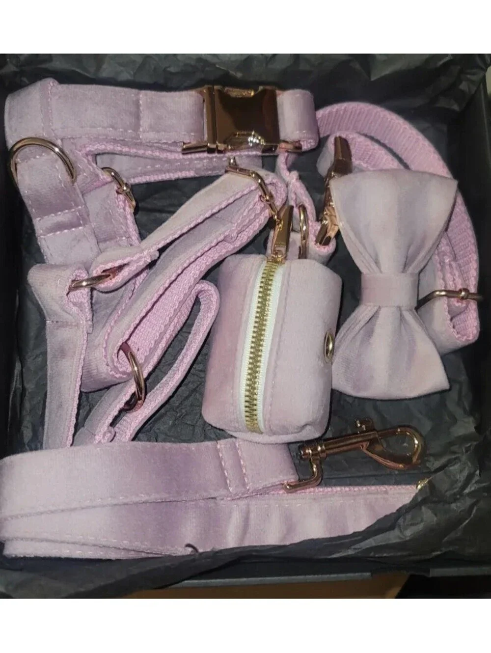 LUXURY LAVENDER VELVET PET HARNESS LEASH COLLAR BOWTIE POOP BAG HOLDER SET XS/S